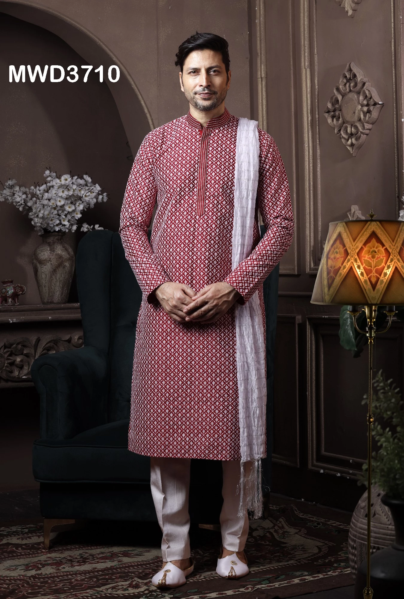 Maroon Chikankari Readymade Kurta Pajama In Silk, 36-1.webp